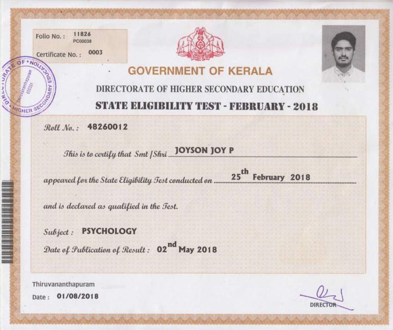 Kerala SET Joyson Joy P Certificate